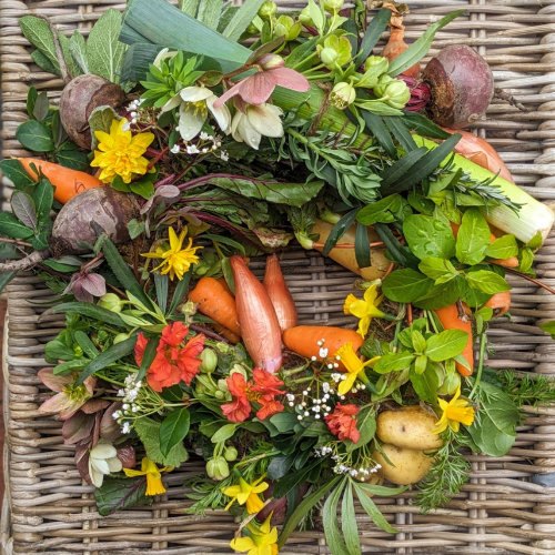 Flower wreath on wicker